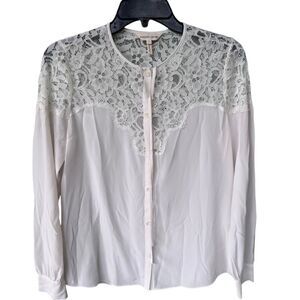 Rebecca Taylor Women's Long Sleeve Silk and Lace Top in white 2